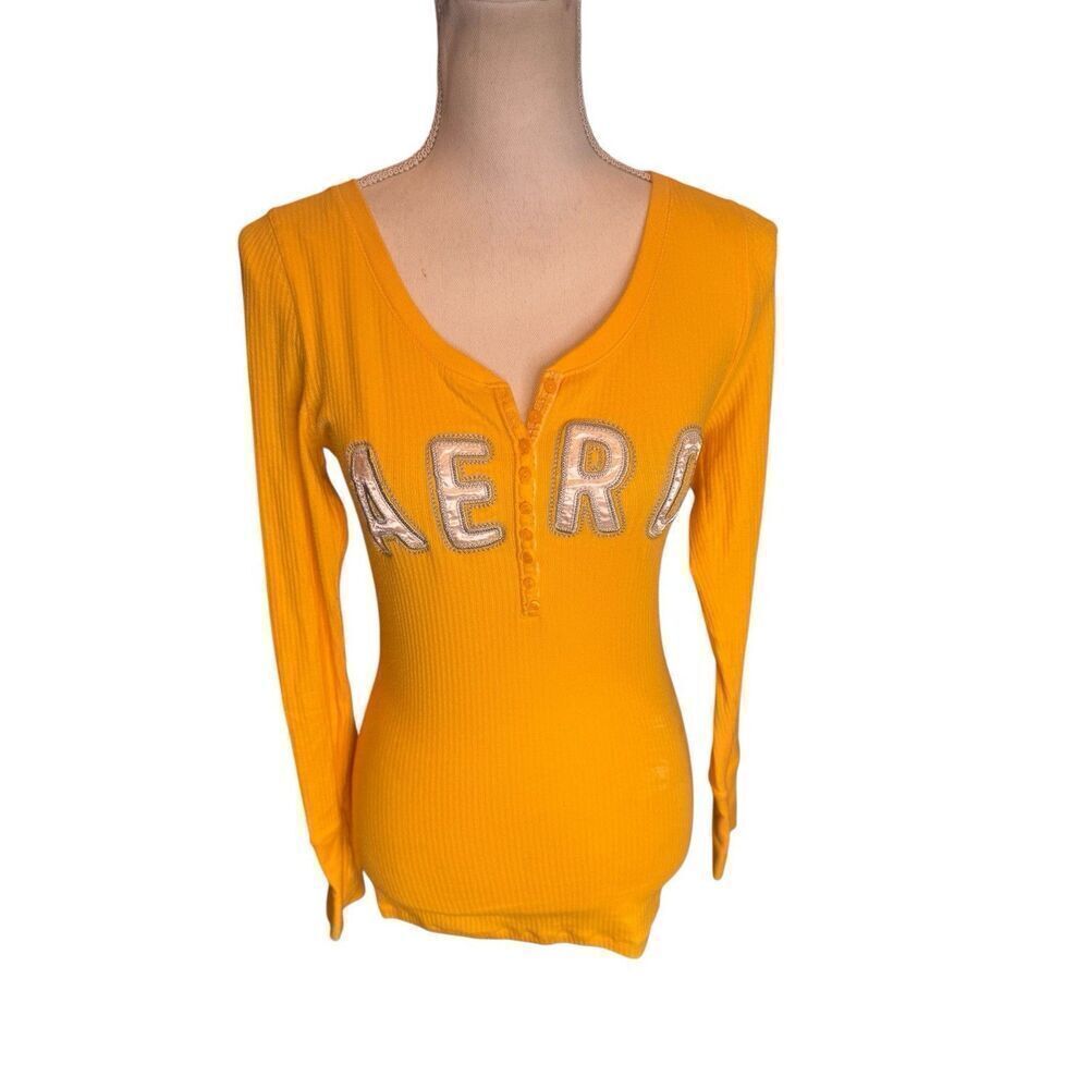 Yellow Long Sleeve AERO Ladies Shirt 3/4 Button Down Y2K Retro Rare Find Sz L